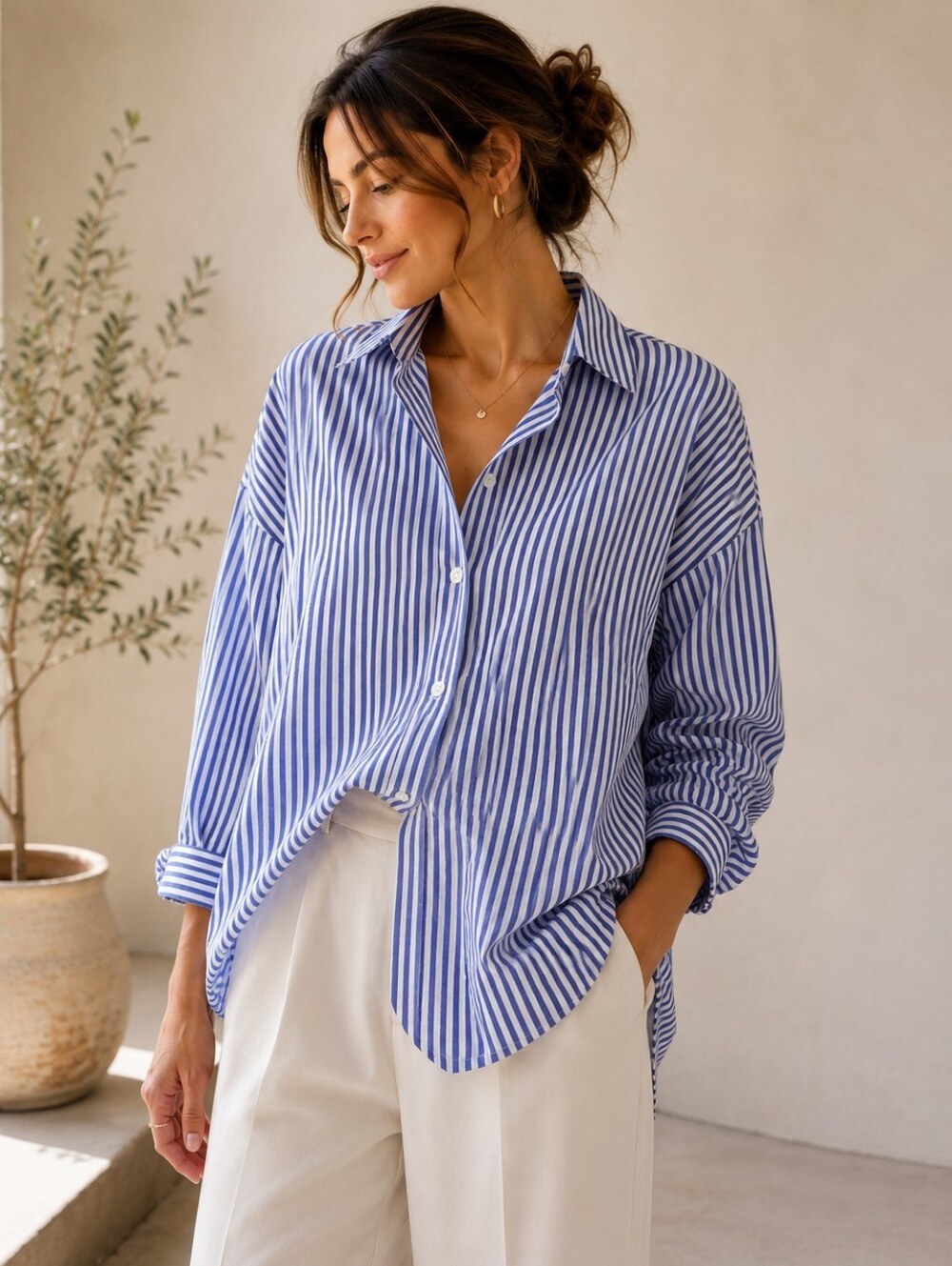 French Connection | Blue & White Oversized Striped Button-Down Shirt, Size L